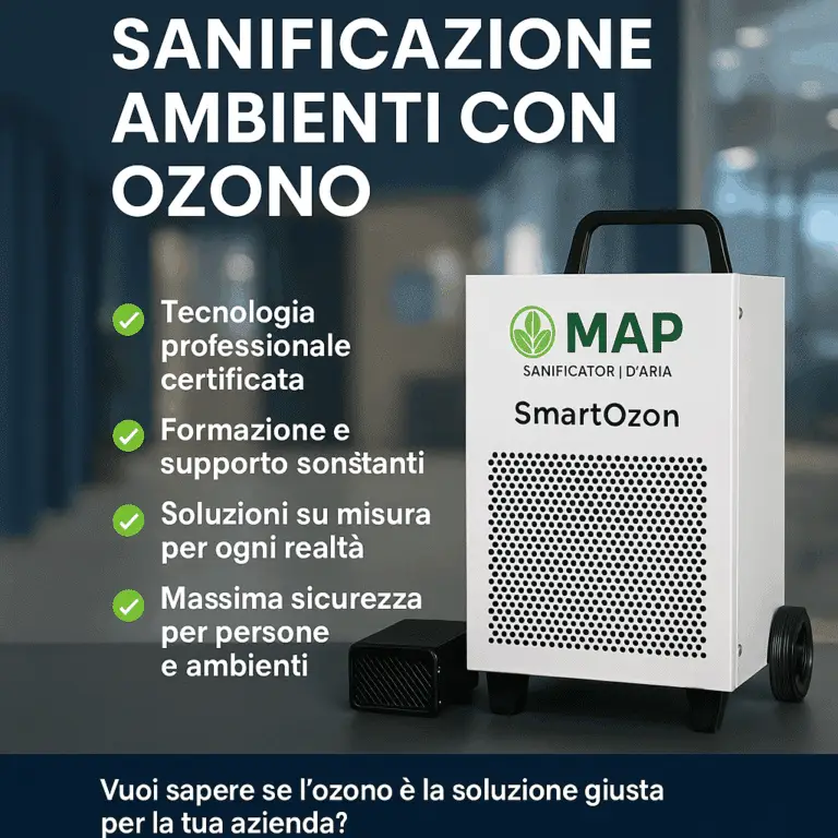 Scopri i vantaggi della sanificazione con ozono professionale rispetto ai dispositivi economici. Con MAP ottieni sicurezza, efficienza e supporto tecnico completo.
