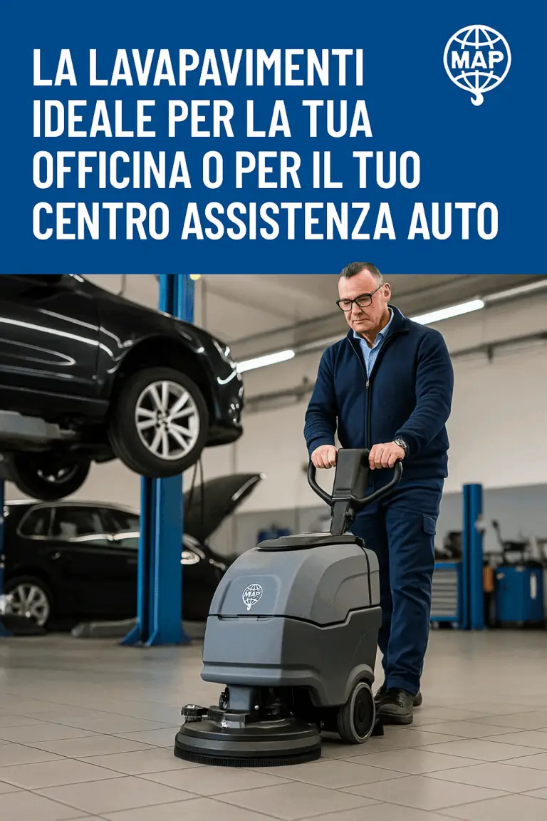 Scopri come scegliere la lavapavimenti ideale per officine e centri assistenza: sicurezza, efficienza e modelli consigliati da MAP per ogni esigenza.